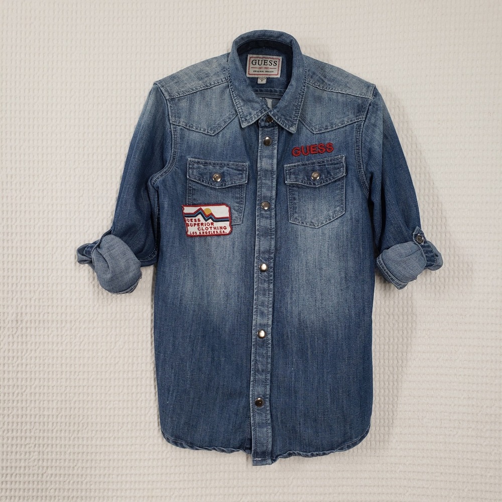 Guess Denim Western Snap Shirt Boys 8 Blue Patch Roll Tab Americana Rodeo Casual
